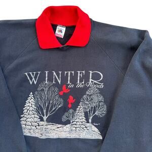Vtg 90s Women’s Grey Red Winter in the Woods Collared Sweatshirt Crewneck Sz XXL